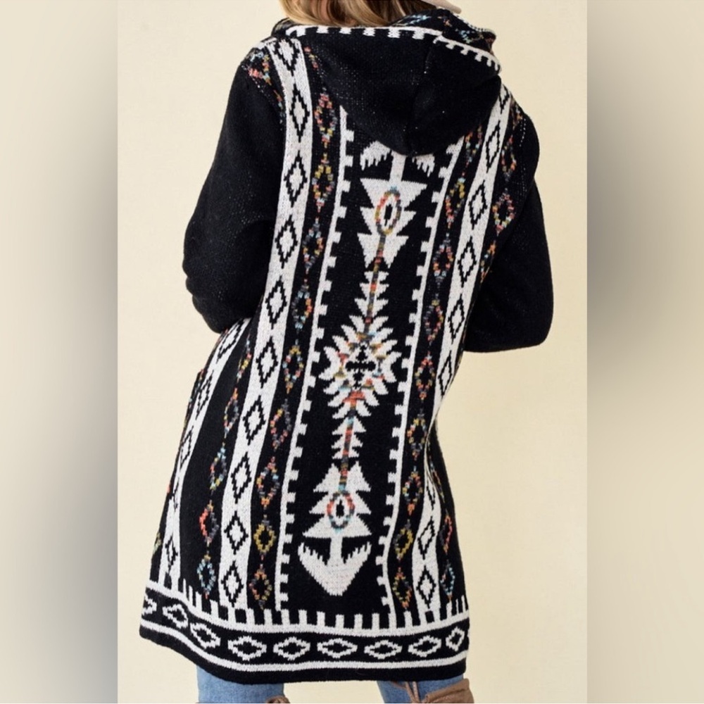Black Aztec Hooded Long Cardigan Sweater